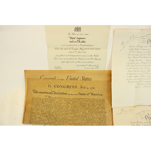 134 - Selection of military ephemera to include Officers Kings Commission certificates, MID certificate an... 