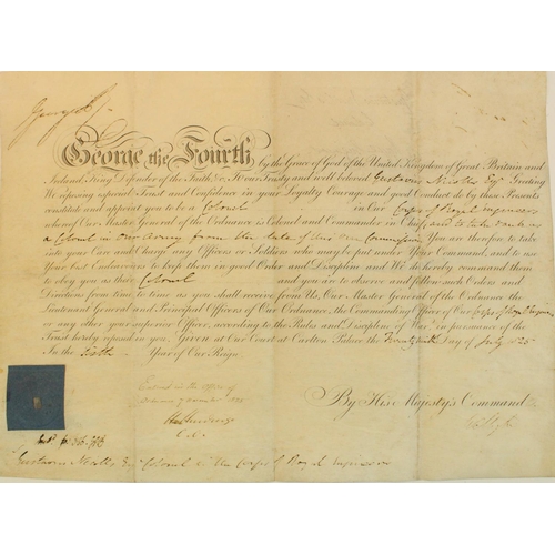 135 - King George IV military officers commission certificate on waxed paper, appointment for Gustavus Nic... 