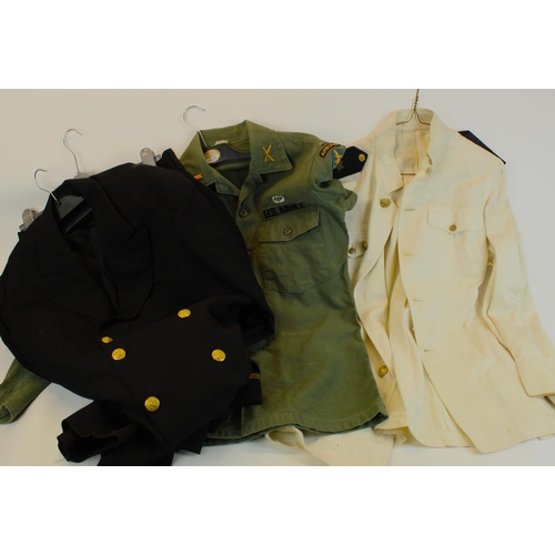 170 - US Navy white uniform jacket, US army fatigue shirt and a US Navy dress jacket and trousers