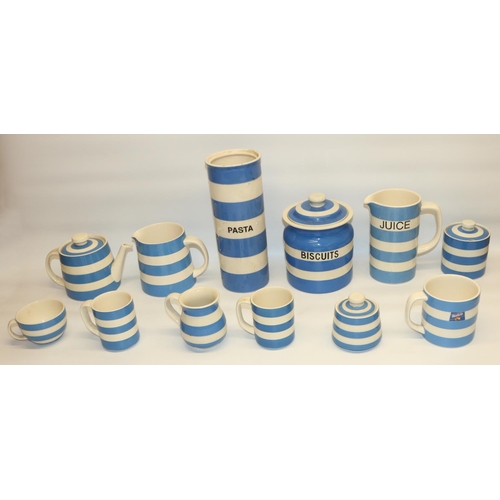 494 - T.G. Green blue and white striped Cornishware ceramics including juice jug, mugs, biscuit jar, all w... 