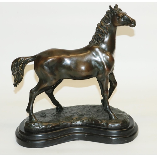 396 - Bronze sculpture of a horse on veined marble base, signature 'Milo', foundry stamp to base 'BRONZE G... 