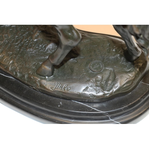 396 - Bronze sculpture of a horse on veined marble base, signature 'Milo', foundry stamp to base 'BRONZE G... 