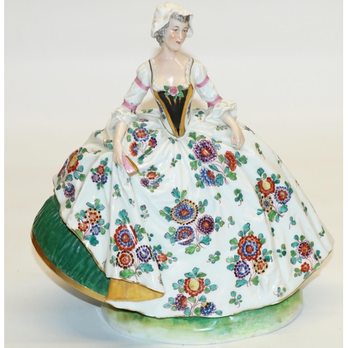 397 - Capodimonte porcelain figure of a lady in period dress holding a fan, printed marks, H25cm