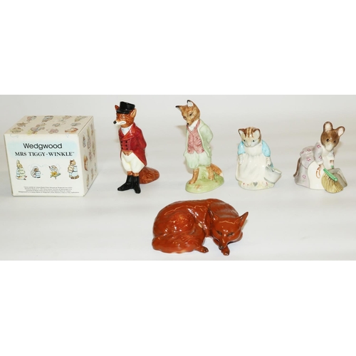 404 - Three Royal Albert Beatrix Potter figures, Royal Doulton huntsman fox, boxed Wedgwood Mrs Tiggy-Wink... 