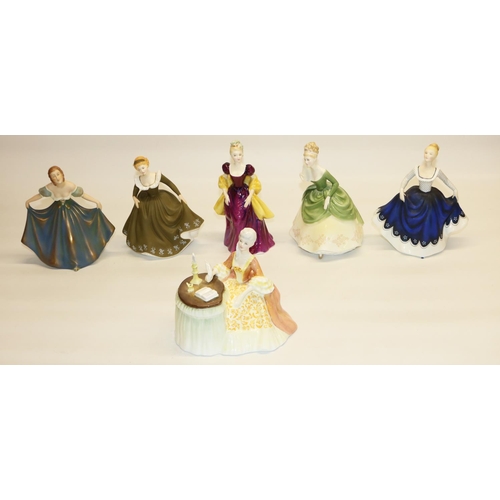 411 - Five Royal Doulton figures: 'Loretta', 'Lisa', 'Geraldine', 'Soiree', 'Meditation', and a Royal Dux ... 