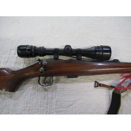 899 - CZ Bruno .22 bolt action rifle with detachable moderator and own magazine, nylon sling and Hunter 3x... 