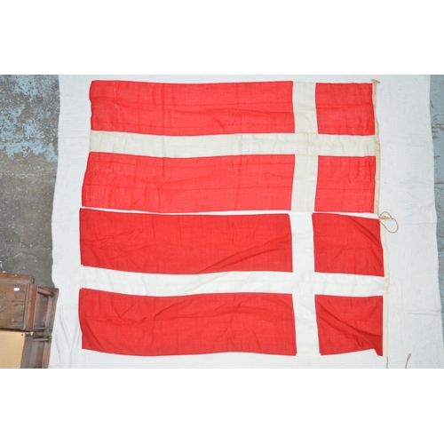 367 - 2 large Danish linen flags, both approx 183x85cm.