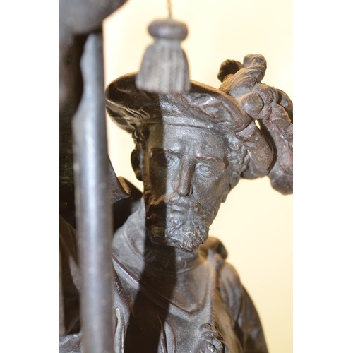 200A - large cast metal figure of Spanish Conquistador Hernando Cortez on turned wood base (tip of flag sta... 