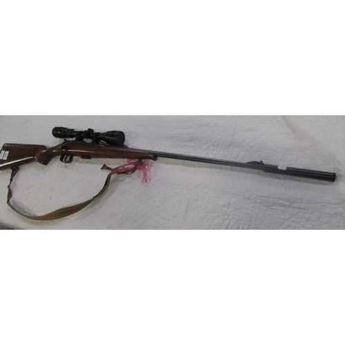 899 - CZ Bruno .22 bolt action rifle with detachable moderator and own magazine, nylon sling and Hunter 3x... 