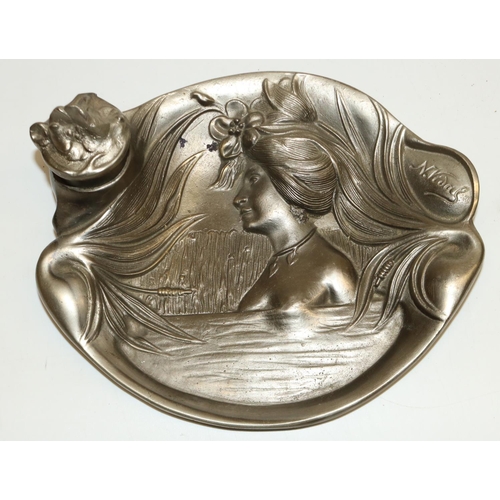 470 - Art Nouveau style metal ink stand decorated with a lady amongst reeds with 'N. Vidal' signature, W20... 