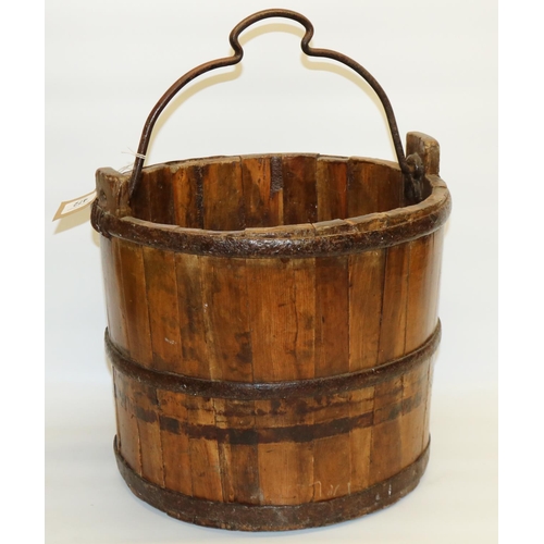 472 - 19th century wooden farm/dairy bucket with iron banding and handle, H30cm