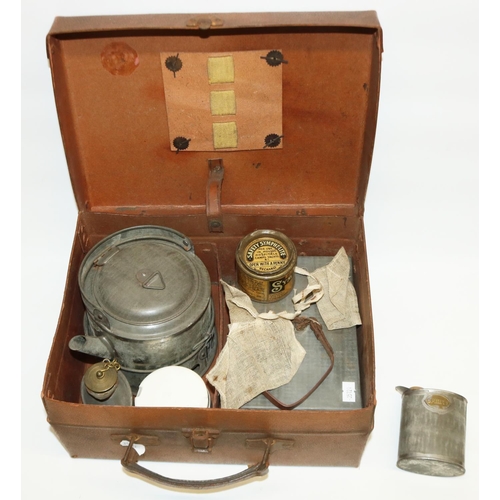 474 - Early 20th century travelling picnic set incl. spirit heater and kettle, spirit bottle, cream jug, p... 