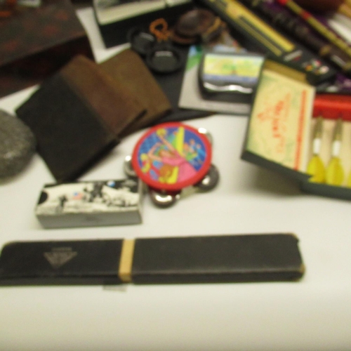 140 - Tartan ware box with sticker for John Clark JunR & Co. Glasgow, four leather wallets, pewter overlai... 