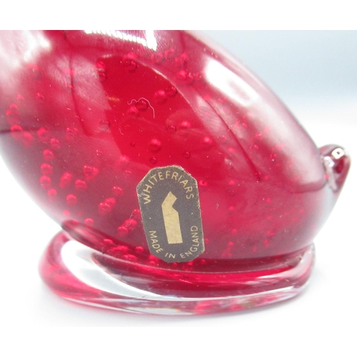 556 - Whitefrairs red Art glass duck, H13cm