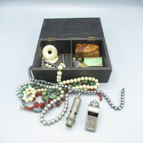 564 - Wood trinket box cont. 6 beaded necklaces and 1 other, ARP whistle, match box case styled as a book,... 