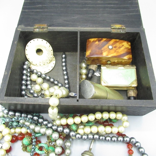 564 - Wood trinket box cont. 6 beaded necklaces and 1 other, ARP whistle, match box case styled as a book,... 