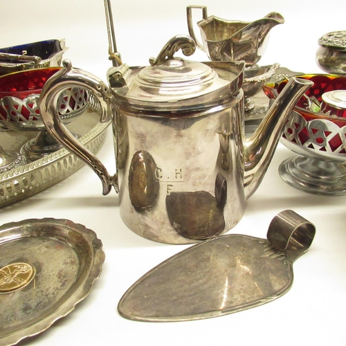 565 - Collection of silver plate and EPNS inc. a Walker and Hall silver plated tea pot with engraved 'C.H ... 