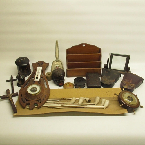 566 - Six clay pipes (a/f), C20th French barometer, a ship's wheel barometer, & other wood related items