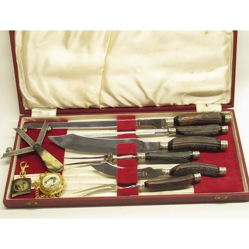 570 - Bennett & Heron Stag horn handled cased carving set, a Fleam stamped 'G. Gregory' and a Franklin Min... 