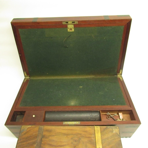 141 - C19th brass banded mahogany Campaign style folding writing slope, with recessed handles and metal na... 