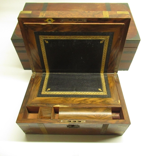 141 - C19th brass banded mahogany Campaign style folding writing slope, with recessed handles and metal na... 