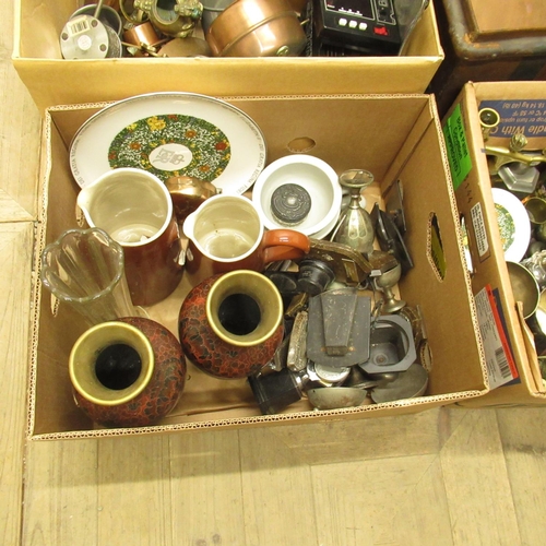 156 - Metal trunk and three boxes containing an assortment of metalware, electronics, cricket bat, ceramic... 