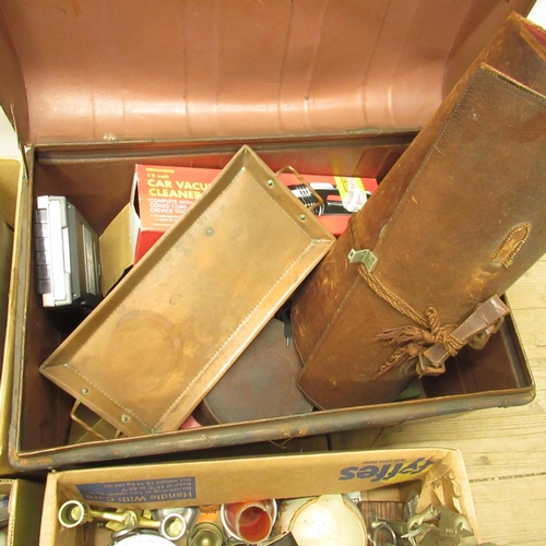 156 - Metal trunk and three boxes containing an assortment of metalware, electronics, cricket bat, ceramic... 