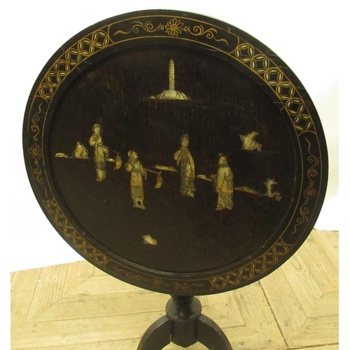 169 - C20th Japanese ebonised snap top tripod table, with mother of pearl inlay and painted gilt decoratio... 