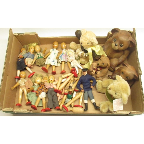 423 - Collection of wood dolls, wooden Teddy bears and plush Teddy bears