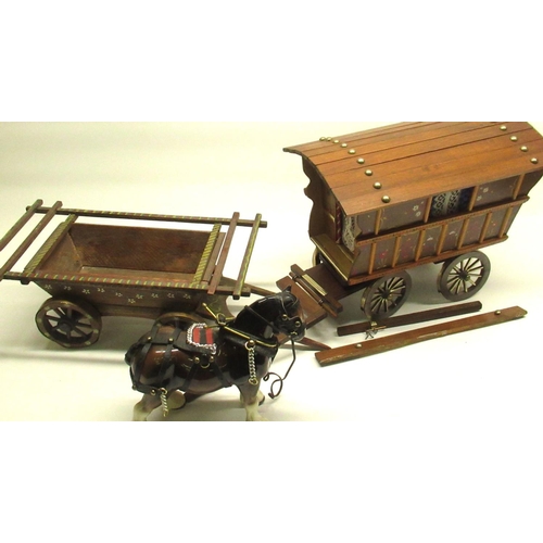 431 - Wood model of a Gypsy caravan with horse (a/f), a wood model of a cart, 4 small wood sets of drawers... 