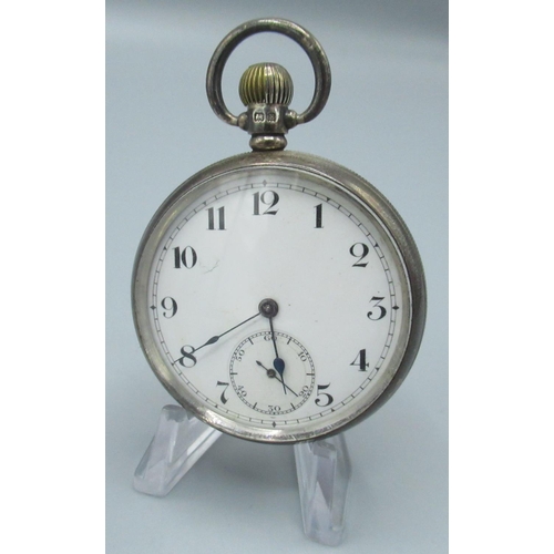 58 - Moeris silver open faced keyless wound and set pocket watch, with white enamelled Arabic dial, signe... 