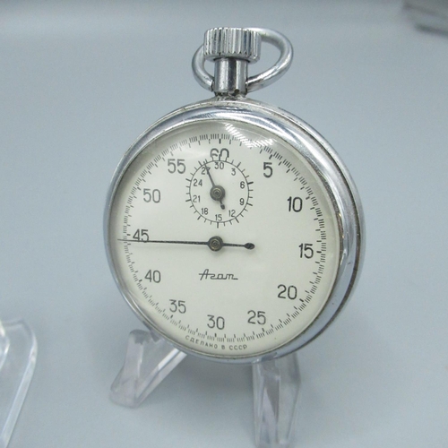 63 - Russian 30 minute chronograph in plated case, Westclox 'Pocket Ben' open faced pocket watch & Savoni... 