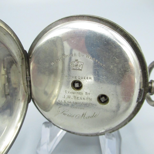 66 - Retailed by J. W. Benson of London, Swiss silver open faced key wound and set pocket watch, Swiss cy... 