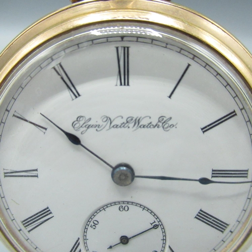 68 - Elgin rolled gold open faced keyless wound and set pocket watch, with signed white enamel Roman dial... 