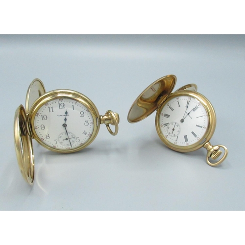 70 - Waltham rolled gold half-hunter keyless wound and set pocket watch, signed enamel Roman dial, case b... 