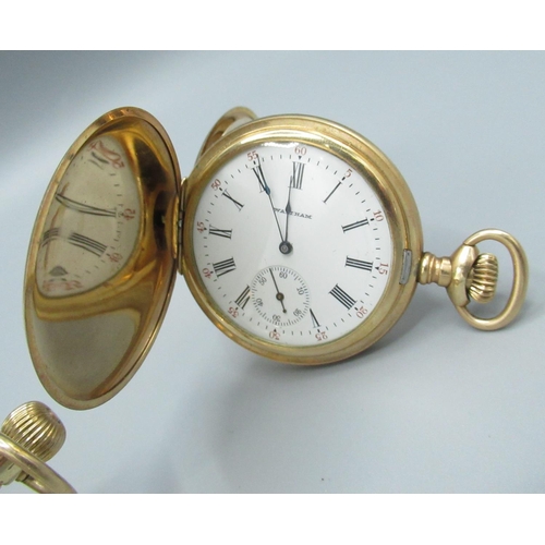 70 - Waltham rolled gold half-hunter keyless wound and set pocket watch, signed enamel Roman dial, case b... 