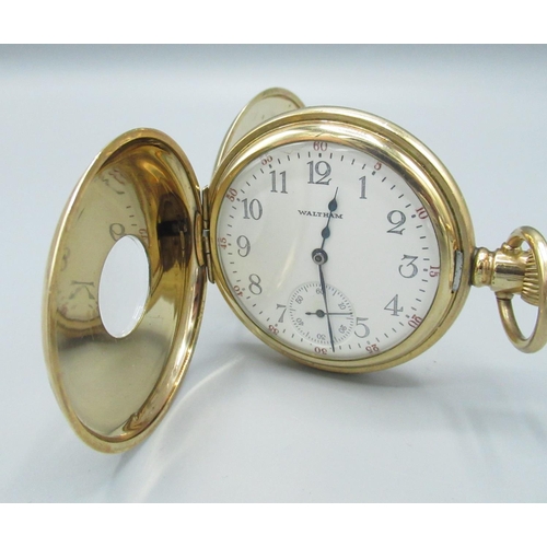 70 - Waltham rolled gold half-hunter keyless wound and set pocket watch, signed enamel Roman dial, case b... 