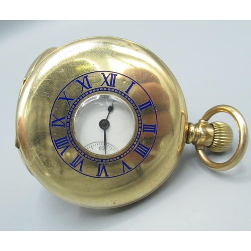 70 - Waltham rolled gold half-hunter keyless wound and set pocket watch, signed enamel Roman dial, case b... 