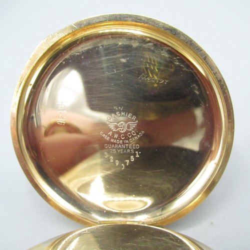 70 - Waltham rolled gold half-hunter keyless wound and set pocket watch, signed enamel Roman dial, case b... 