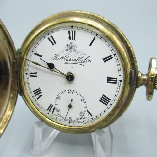 72 - Kay's Keyless 'Triumph' early C20th rolled gold keyless hunter cased pocket watch, with signed white... 