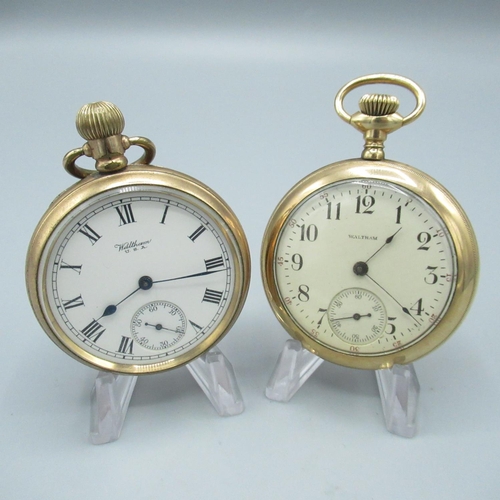 73 - Waltham rolled gold open faced keyless wound and set pocket watch, signed white enamel Roman dial, c... 