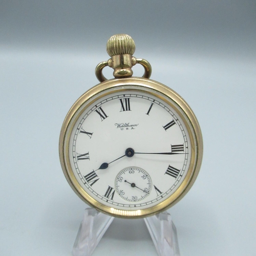 73 - Waltham rolled gold open faced keyless wound and set pocket watch, signed white enamel Roman dial, c... 