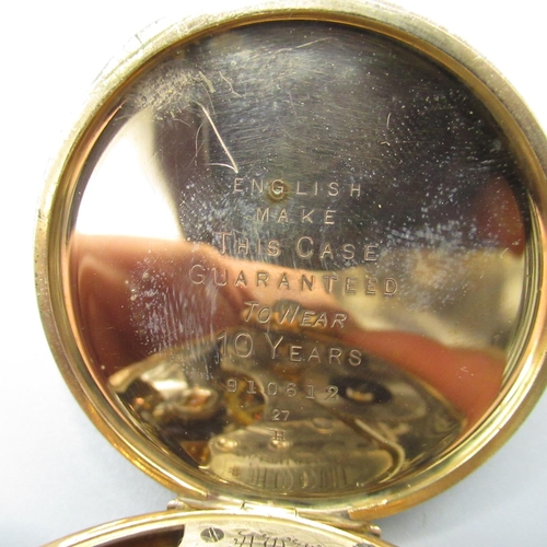 73 - Waltham rolled gold open faced keyless wound and set pocket watch, signed white enamel Roman dial, c... 