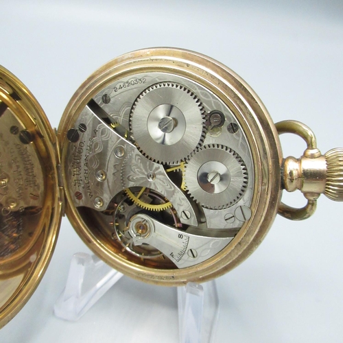 73 - Waltham rolled gold open faced keyless wound and set pocket watch, signed white enamel Roman dial, c... 