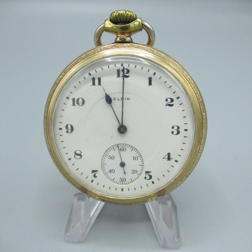 74 - Elgin early C20th rolled gold open faced keyless wound and set pocket watch, signed enamel Arabic di... 