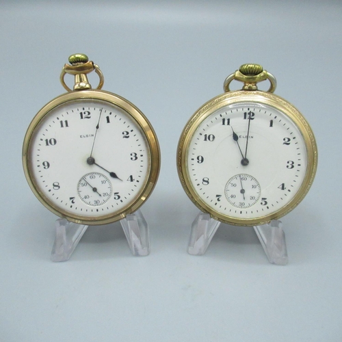 74 - Elgin early C20th rolled gold open faced keyless wound and set pocket watch, signed enamel Arabic di... 