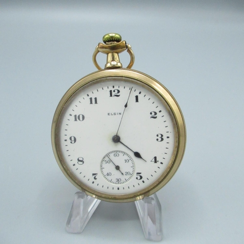 74 - Elgin early C20th rolled gold open faced keyless wound and set pocket watch, signed enamel Arabic di... 