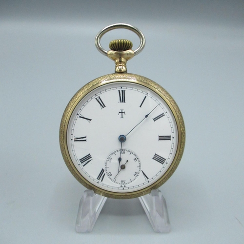 75 - Ingersoll Trenton early C20th rolled gold open faced keyless wound and set pocket watch, monogrammed... 