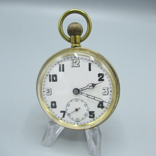 75 - Ingersoll Trenton early C20th rolled gold open faced keyless wound and set pocket watch, monogrammed... 