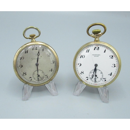 76 - Grosvenor 1930s rolled gold open face keyless wound and set pocket watch, with silvered engine turne... 